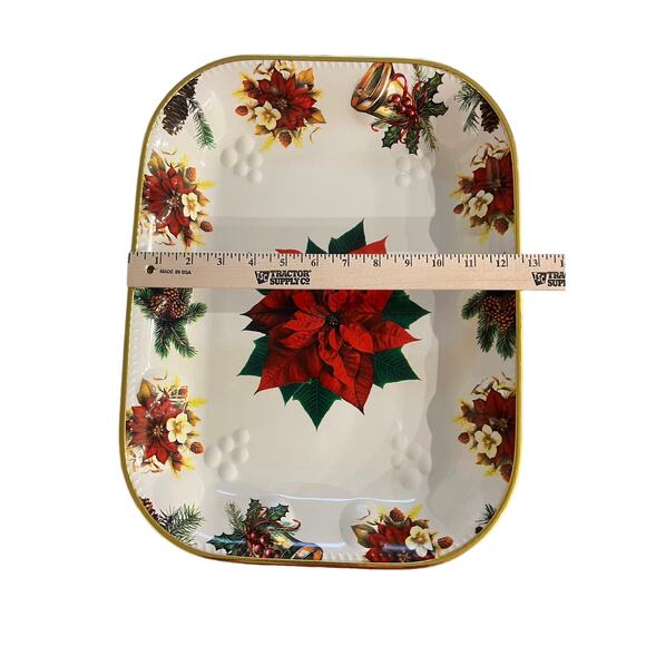 Far East Brokers Holiday Platter Poinsettias, Bells, & Holly Rectangle 16 x 12 - Picture 7 of 7